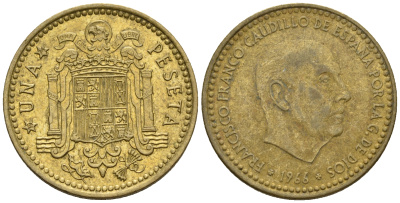 Испания 1 песета 1966 (74) Франсиско Франко (1939-1975) KM 796 алюминиевая бронза 259-356