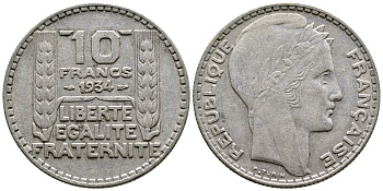Франция 10 франков 1934 Пьер Тюрен KM 878, Le Franc 360.7 серебро 60-1243