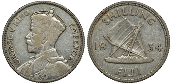 Фиджи 1 шиллинг 1934 Георг V (1910-1936), парусник KM 4 серебро 91-941