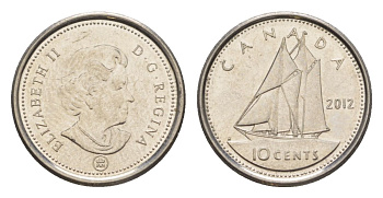 Канада 10 центов 2012 Leaf, Елизавета II (1952-2022), парусник KM 492 сталь плакированная никелем UNC 4630-866