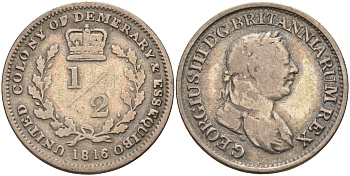 Эссекибо и Демерари 1/2 гульдена 1816 Георг III (1760-1820) KM 12 серебро    633-433