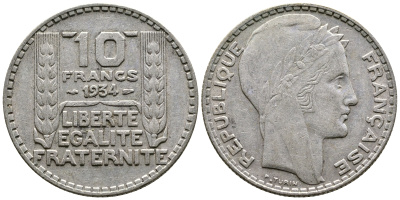 Франция 10 франков 1934 Пьер Тюрен KM 878, Le Franc 360.7 серебро 60-1243