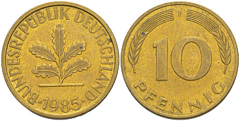 ФРГ 10 ПФЕННИГОВ 1985 F KM 108, J. 383 сталь плакированная латунью 4182-942