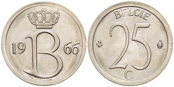 Бельгия 25 сантимов 1966 Belgie, Бодуэн I (1951-1993) KM 154.1 медно-никель UNC 3996-1261