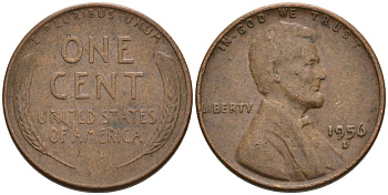 США 1 цент 1956 D, Линкольн KM А132 медь цинк 4564-258