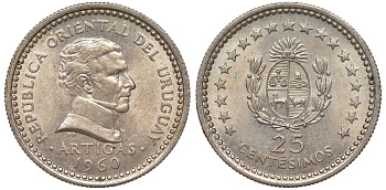 Уругвай 25 сентесимо 1960 KM 40 медно-никель 4580-1211