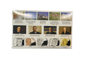 США полный годовой набор из 14 монет (1, 5, 10 (дайм) и 25 (квотер) центов; 1/2 (50 центов) и 1 доллар) 2013 в оригинальной упаковке с сертификатами KM 468, 381, 195a, A202b, 542, 543, 544, 545, 546, 547, 548, 549, 550 и 551 PROOF 1-5-3-24