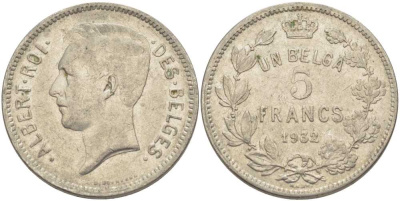 БЕЛЬГИЯ 5 ФРАНКОВ 1932 АЛЬБЕРТ I, DES BELGES KM 97.1 никель 3851-222