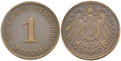 ГЕРМАНИЯ 1 ПФЕННИГ 1901 J KM 10, Jager. 10, Weege 2 медь 4528-1211