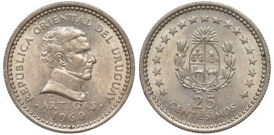 Уругвай 25 сентесимо 1960 KM 40 медно-никель 4580-1211