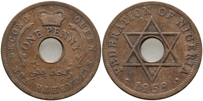 Нигерия 1 пенни 1959 Елизавета II (1952-), Британский протекторат KM 2 бронза 51-226