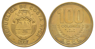 Коста-Рика 100 колонов 2007 KM 240a сталь плакированная латунью UNC 4642-953