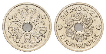 Дания 2 кроны 1998 Маргрете II (1972-2024) KM 874 медно-никель UNC 176-547
