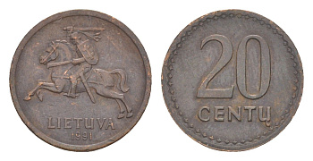 Литва 20 центов 1991 KM 89 бронза 4115-824