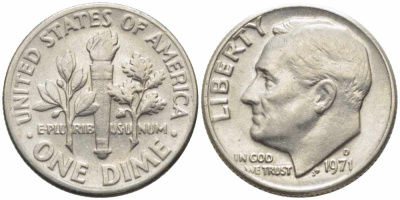 США 10 ЦЕНТОВ = 1 ДАЙМ 1971 D, РУЗВЕЛЬТ KM 195а медь плакированная медно-никелем 112-425