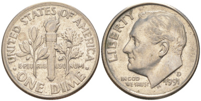 США 10 ЦЕНТОВ = 1 ДАЙМ 1991 D, РУЗВЕЛЬТ KM 195a медь плакированная медно-никелем 187-1066