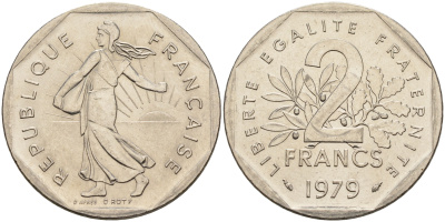 Франция 2 франка 1979 сеятель, первый год KM 942.1 никель  UNC  4153-454