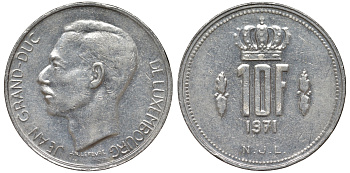 Люксембург 10 франков 1971 Великий герцог Жан (1964-2000) KM 57 никель 4144-142