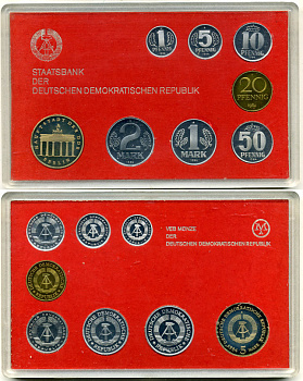 ГДР официальный набор из 8 монет включая 5 марок Бранденбургские ворота 1984 тираж 3015 экземпляров, твердый пластик KM PS 5 PROOF PROOF 4-3-5-26