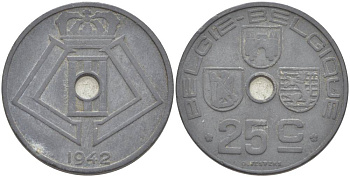 БЕЛЬГИЯ 25 САНТИМОВ 1942 BELGIE-BELGIQUE, ГЕРМАНСКАЯ ОККУПАЦИЯ, ВТОРАЯ МИРОВАЯ ВОЙНА KM 132 цинк 4546-156