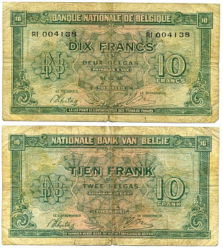 БЕЛЬГИЯ 10 ФРАНКОВ - 2 БЕЛГА 1943 (1944) 1 ФЕВРАЛЯ 1943 Pick 122 бумага 6262-50-1-2