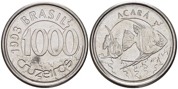 Бразилия 1000 крузейро 1993 реформа 1990-1993, рыбка Акара KM 626 нержавеющая сталь 26-1617