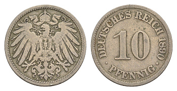 Германия 10 пфеннигов 1890 A, Вильгельм II (1888-1918) KM 12, J. 13 медно-никель 4647-867