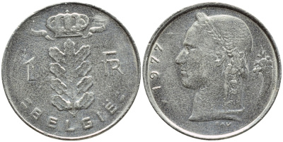 БЕЛЬГИЯ 1 ФРАНК 1977 BELGIE KM 143.1 медно-никель 4379-254