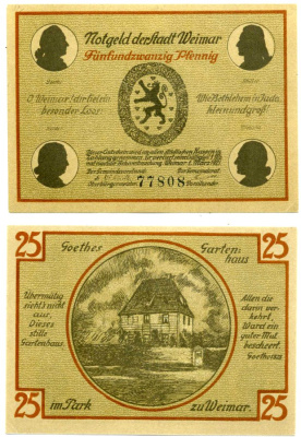 Веймар 25 пфеннигов 1921 1 марта 1921, нотгельд (GOETTHEHAUSE), земля Тюрингия, без DRFA Grabowski 1398.3а бумага 2196-5-3-2