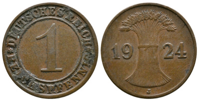 ГЕРМАНИЯ 1 РЕЙХСПФЕННИГ 1924 J KM 37, J.313 бронза 4380-1112