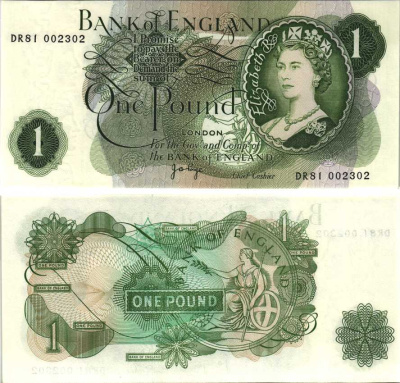 АНГЛИЯ 1 ФУНТ 1970-1977 ПОДПИСЬ J.B. PAGE Pick 374g бумага UNC (ПРЕСС) 7214-3-3-1