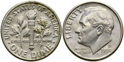 США 10 ЦЕНТОВ = 1 ДАЙМ 1990 D, РУЗВЕЛЬТ KM 195а медь плакированная медно-никелем 46-2356