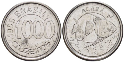 Бразилия 1000 крузейро 1993 реформа 1990-1993, рыбка Акара KM 626 нержавеющая сталь 26-1617