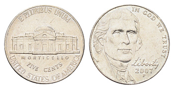 США 5 центов 2007 P, президент Джеферсон KM 381 медно-никель 4705-814