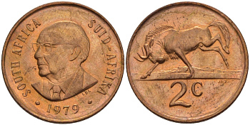 ЮАР 2 ЦЕНТА 1979 ПРЕЗИДЕНТ НИКОЛААС ЙОХАННЕС ДИДЕРИХС, АНТИЛОПА ГНУ KM 99 бронза UNC 67-325