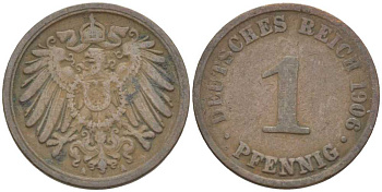 ГЕРМАНИЯ 1 ПФЕННИНГ 1906 А KM 10, J. 10 медь 201-922