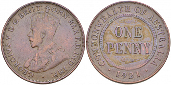 АВСТРАЛИЯ 1 ПЕННИ 1921 ГЕОРГ V KM 23 бронза 4403-921