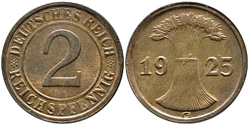 Германия 2 рейхспфеннига 1925 G, Веймарская Республика (1919-1933) KM 38, Jager 314, Weege 4 бронза  aUNC  4546-844