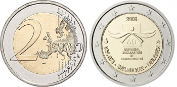 Бельгия 2 евро 2008 60 лет принятие декларации прав человека KM 248 биметалл UNC 4525-1237