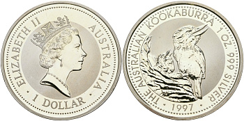 Австралия 1 доллар 1997 кукабарра KM 318 серебро UNC 11-317-23