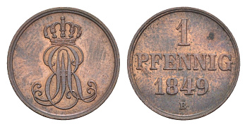 Ганновер 1 пфенниг 1849 B, Эрнст Август I (1837-1851) KM 201.1, AKS 129, J. 74 медь    4658-1054