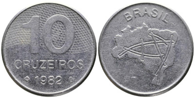 Бразилия 10 крузейро 1982 карта Бразилии KM 592.1 нержавеющая сталь 3336-853