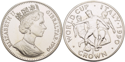 Гибралтар 1 крона 1990 чемпионат мира по футболу в Италии 1990 года, три игрока KM 38 медно-никель BUNC 1084-8-11