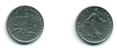 ФРАНЦИЯ 1/2 ФРАНКА 1966 СЕЯТЕЛЬ KM 931.1, LE FRANC 198.5 никель 57-1148