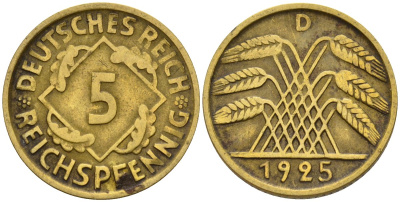 Германия 5 рейхспфеннигов 1925 D KM 39, J. 316 алюминиевая бронза 4151-914