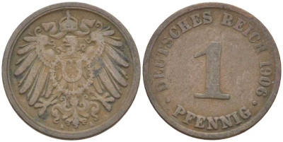 ГЕРМАНИЯ 1 ПФЕННИНГ 1906 А KM 10, J. 10 медь 201-922