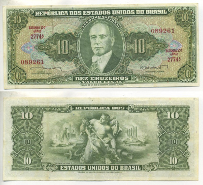 БРАЗИЛИЯ 10 КРУЗЕЙРО 1962 ПОДПИСЬ 10 Pick 177a бумага 3295-11-3