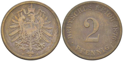 Германия 2 пфеннига 1876 C, старогербовка KM 2, Jager 2, Weege 3 медь 212-713