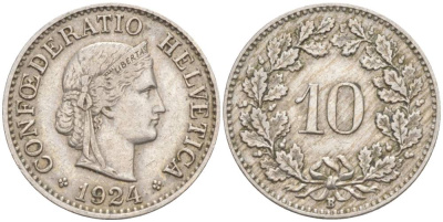 Швейцария 10 раппенов 1924 В KM 27 медно-никель 3309-366