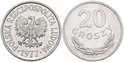 ПОЛЬША 20 ГРОШЕЙ 1977 MW KM А47 алюминий 201-464